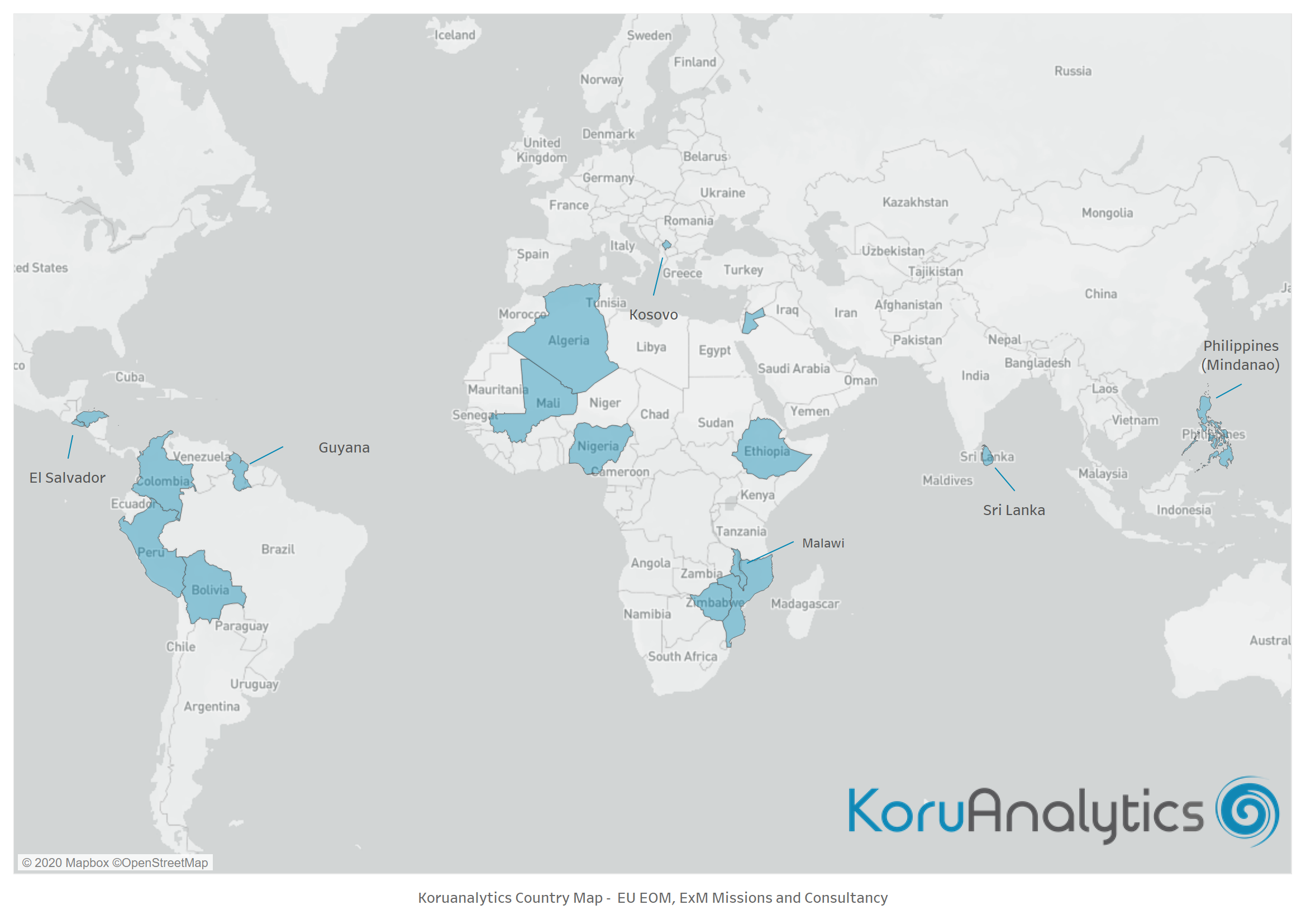 Map showing KoruAnalytics project locations across 17 countries